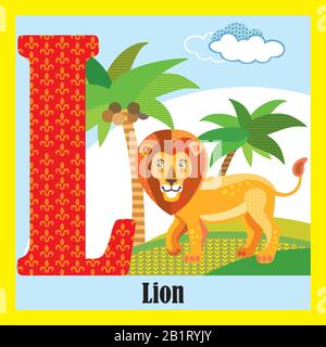 Vector cartoon flashcards of animal alphabet, letter L. Colorful cartoon illustration of letter L and lion vector character. Bright colors zoo wildlif Stock Vector