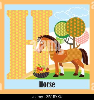 Vector cartoon flashcards of animal alphabet, letter H. Colorful cartoon illustration of letter and horse vector character. Bright colors zoo wildlife Stock Vector