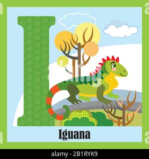 Vector cartoon flashcards of animal alphabet, letter I. Colorful cartoon illustration of letter and iguana vector character. Bright colors zoo wildlif Stock Vector