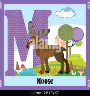 Vector cartoon flashcards of animal alphabet, letter M. Colorful cartoon illustration of letter and moose vector character. Bright colors zoo wildlife Stock Vector