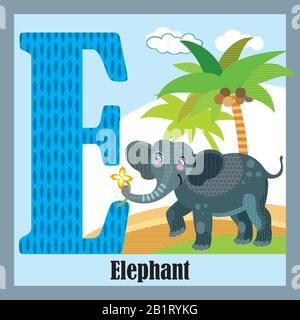 Vector cartoon flashcards of animal alphabet, letter E. Colorful cartoon  illustration of letter E and elephant vector character. Bright colors zoo  wil Stock Vector Image & Art - Alamy