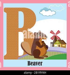 Vector cartoon flashcards of animal alphabet, letter B. Colorful cartoon illustration of letter and beaver vector character. Bright colors zoo wildlif Stock Vector