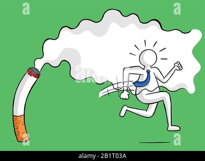 Businessman escaping from cigarette and smoke vector illustration. Black outlines and colored, green background. Stock Vector