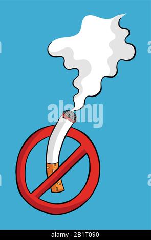 Smoking prohibition symbol and burning cigarette and smoke vector illustration. Black outlines and colored, blue background. Stock Vector