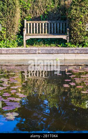 English Garden bench reflected in the garden pond. Taken in Battersea Park, London. Stock Photo