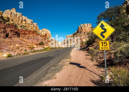 Burr Trail Road in Long Canyon, Wingate Sandstone rocks, Grand Staircase-Escalante National Monument, Utah, USA Stock Photo