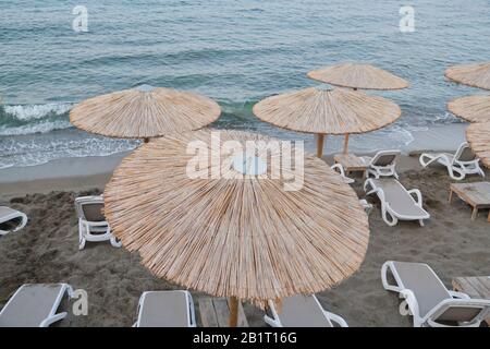 Greece Crete, Heraklion. 12-09-2019. Coast of Greek island Crete, empty sea beach Stock Photo