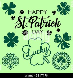 St Patrick Day Bundle, Clover Lucky, Saint Patrick Shamrock, Clover Leaf, Trefoil Stock Vector