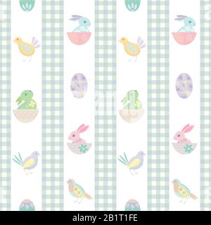 Easter bunny seamless vector pattern background. Decorated folk art rabbits, chicks, eggs illustration. Scandinavian style baby animals and gingham Stock Vector