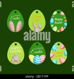 Happy Easter sale tags with bunnies and colorful eggs. Holiday labels set vector illustrations. Stock Vector