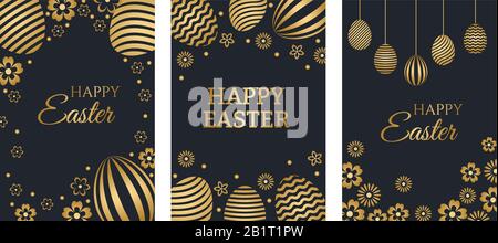 Happy Easter luxury holiday cards set with easter greeting and gold colored easter eggs. Vector illustration. Stock Vector