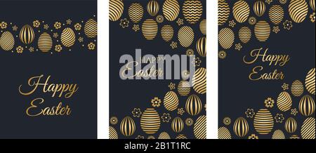 Happy Easter luxury holiday cards set with easter greeting and gold colored easter eggs. Vector illustration. Stock Vector