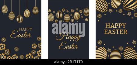 Happy Easter luxury holiday cards set with easter greeting and gold colored easter eggs. Vector illustration. Stock Vector