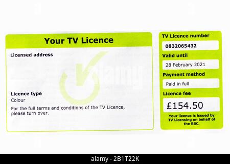UK colour TV licence 2020. Television license