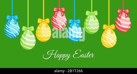 Happy Easter greeting banner with сolorful eggs. Vector illustration for Easter day Stock Vector
