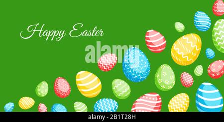 Happy Easter greeting banner with сolorful eggs. Vector illustration for Easter day Stock Vector
