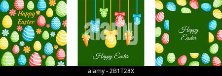Happy Easter greeting cards set. Easter holiday invitations templates collection with colorful eggs. Vector illustration. Stock Vector