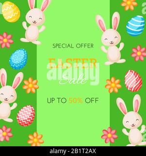 Happy Easter sale vector banner with сolorful bunnies, eggs and flowers. Vector illustration for Easter day Stock Vector