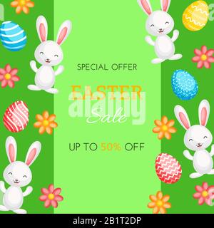 Happy Easter sale vector banner with сolorful bunnies, eggs and flowers. Vector illustration for Easter day Stock Vector