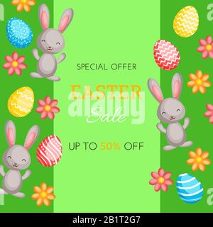 Happy Easter sale vector banner with сolorful bunnies, eggs and flowers. Vector illustration for Easter day Stock Vector