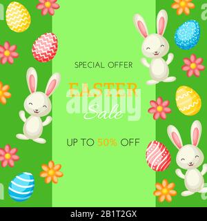 Happy Easter sale vector banner with сolorful bunnies, eggs and flowers. Vector illustration for Easter day Stock Vector