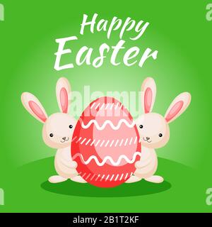Happy Easter greeting card with сolorful bunnies and egg. Vector illustration for Easter day Stock Vector