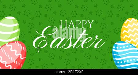 Happy Easter greeting banner with сolorful eggs. Vector illustration for Easter day Stock Vector