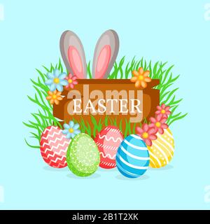 Happy Easter greeting card with сolorful eggs, rabbit ears and flowers. Vector illustration for Easter day Stock Vector