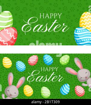 Set of Happy Easter greeting banners with сolorful bunnies and eggs. Vector illustration for Easter day Stock Vector
