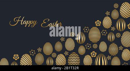 Happy Easter holiday banner with easter greeting and gold colored easter eggs. Vector illustration. Stock Vector