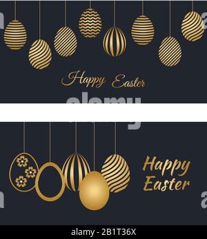 Two Happy Easter holiday banners with easter greetings and gold colored easter eggs. Vector illustration. Stock Vector