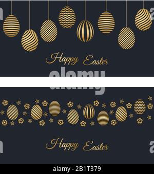 Two Happy Easter holiday banners with easter greetings and gold colored easter eggs. Vector illustration. Stock Vector