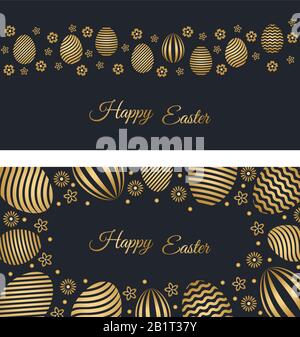 Two Happy Easter holiday banners with easter greetings and gold colored easter eggs. Vector illustration. Stock Vector