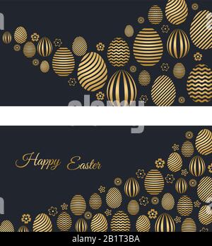 Two Happy Easter holiday banners with easter greetings and gold colored easter eggs. Vector illustration. Stock Vector