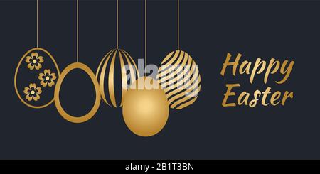 Happy Easter holiday banner with easter greeting and gold colored easter eggs. Vector illustration. Stock Vector