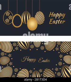 Two Happy Easter holiday banners with easter greetings and gold colored easter eggs. Vector illustration. Stock Vector