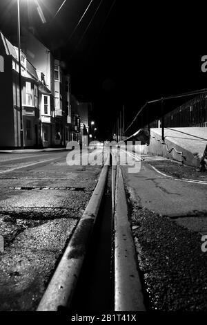 Quay railway tracks at night Stock Photo