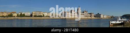 Hungary. Extremely extensive panorama of Budapest. Danube wharf, Hungarian parliament and Gellert Hill on the right. Stock Photo