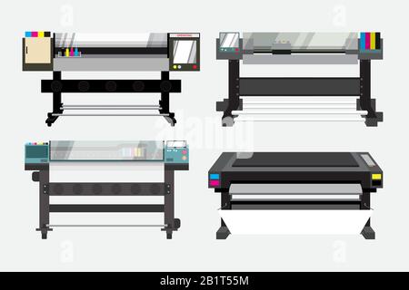 Set of, plotter or wide format, large printers. The device for making advertisment media by CMYK colors combination. Vector illustration with layers. Stock Vector