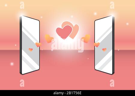 Two smartphone in long distance relationship. Conceptual art of people living difference places use internet technology closely love each other. Vinta Stock Vector
