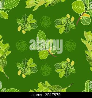 Nature Seamless Pattern of Green colors with flower, foliage natural branches, green leaves. Hand draw vertor of tropical plant. Beautiful background Stock Vector
