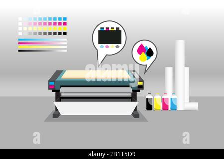 Printer in gray gradient room with material supplies. Large wide format Printer or plotter with media rolls in gray room. Electronic device for making Stock Vector