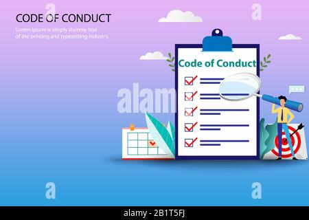 Business concept of code of conduct, businessman holding a big magnifier and standing near a big list of code of conduct in pastel color background. Stock Vector
