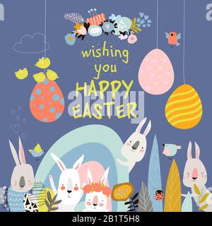 Cute cartoon bunny with Easter eggs and flowers Stock Vector