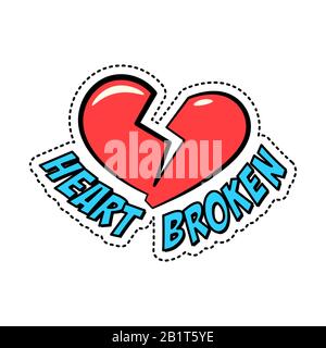 Colorful retro style sticker patch badge with red broken heart isolated on white background, vector illustration. Stock Vector