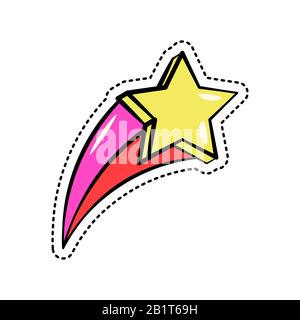 Colorful fashion sticker with falling yellow star, shiny pink and red trace, trendy patch badge isolated, vector illustration. Stock Vector