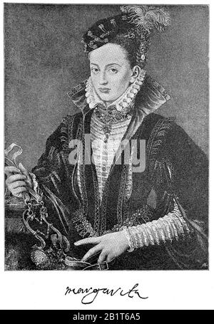 Margaret of Parma, Margherita di Parma, 5 July 1522 - 18 January 1586, was Governor of the Netherlands from 1559 to 1567 and from 1578 to 1582. She was the illegitimate daughter of the then 22-year-old Holy Roman Emperor Charles V and Johanna Maria van der Gheynst  /  Margarethe von Parma, war eine uneheliche Tochter Kaiser Karls V., Historisch, digital improved reproduction of an original from the 19th century / digitale Reproduktion einer Originalvorlage aus dem 19. Jahrhundert