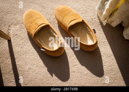 A pair of cosy sheepskin-lined bedroom slippers warm in early morning sunshine Stock Photo