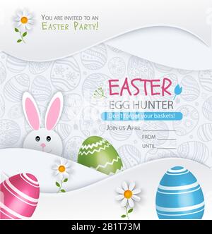 White Easter Egg banner. Multicolored eggs and egg hunter bunny on pattern background. Happy Easter invitation Stock Vector