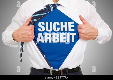 Man reveals slogan "Suche Arbeit" (German for: searching work) on t-shirt under his business shirt as a concept for job hunting Stock Photo